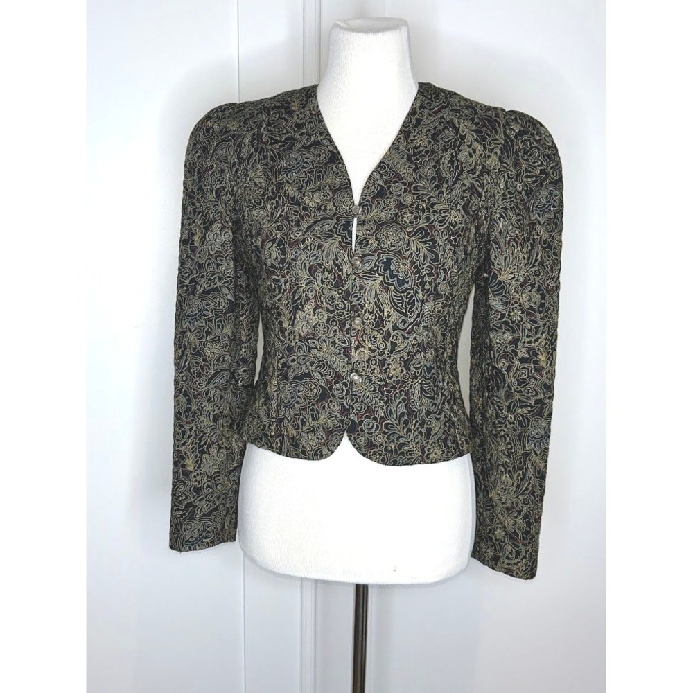 Vintage Quilted Cropped Jacket Black Gold Floral Paisley Tapestry Size 6 - Picture 4 of 12